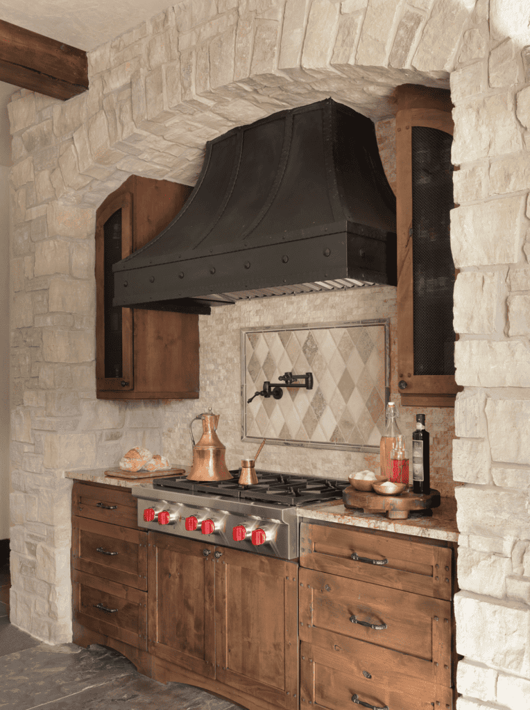 Rustic chimney design with exposed brick and wooden elements